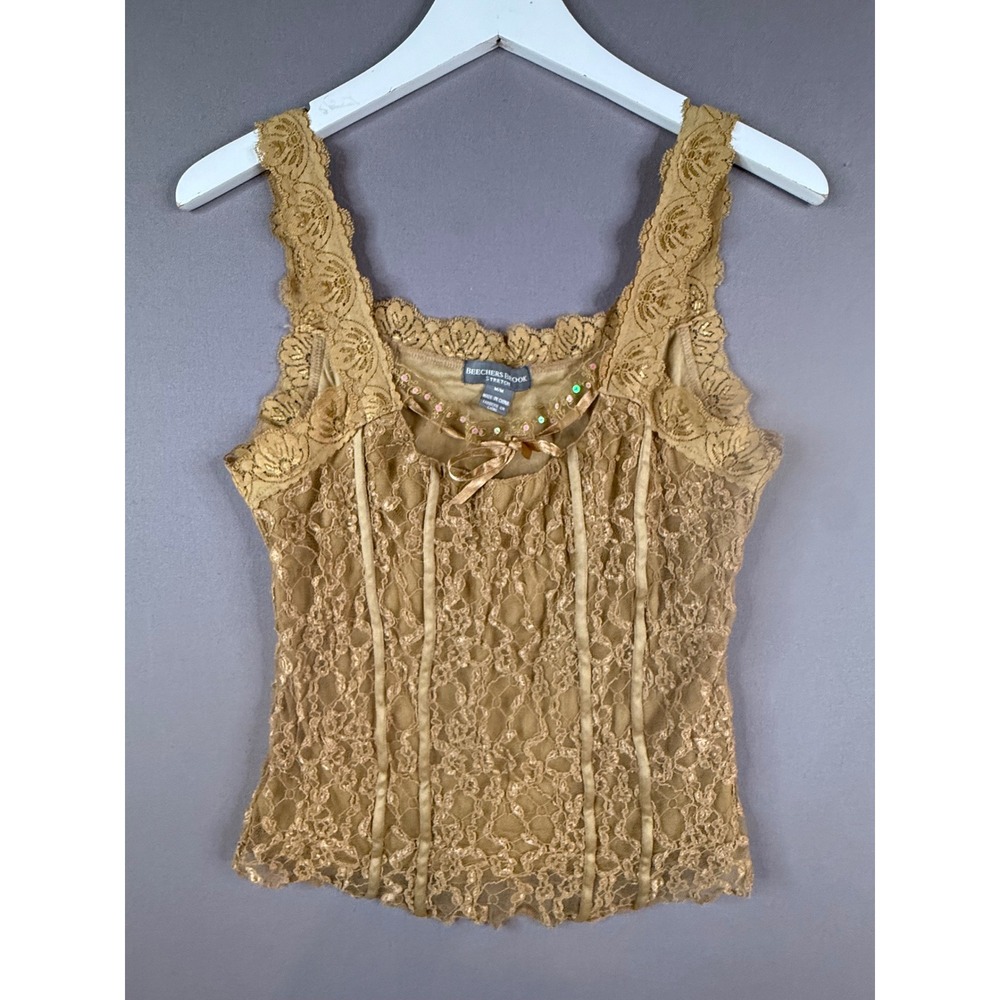 Beechers Brook Tank Top Womens M Gold Tan Lace Corset Style Coquette Fairycore